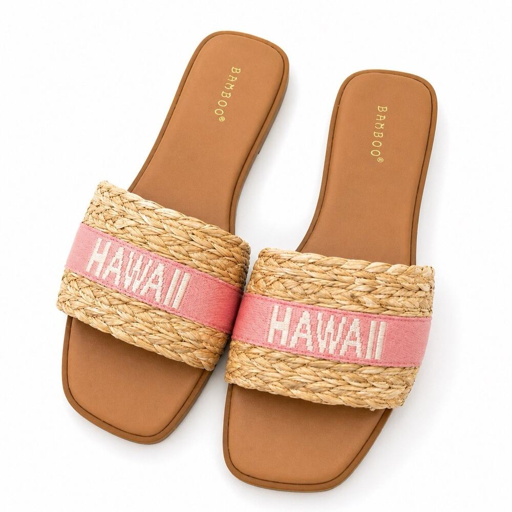 Bamboo Women’s Slide Sandals Size 10 Pink Raffia Hawaii Strap NIB